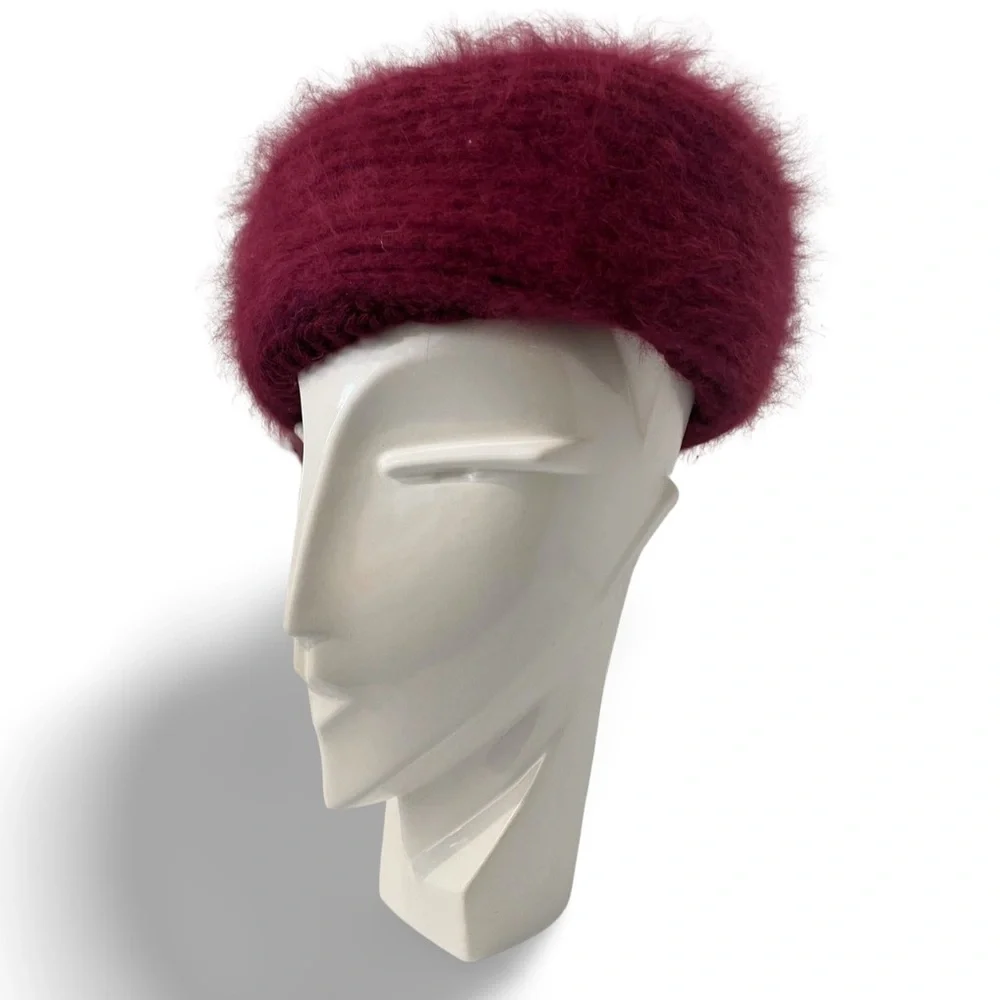 🇨🇦 80s Vintage Maroon Burgundy Angora Wool Fuzzy Beret Hat Handmade in Canada - Picture 3 of 7